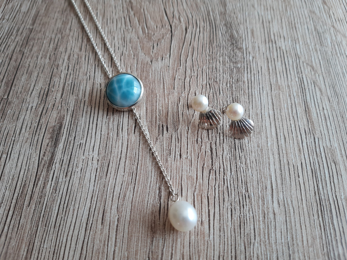 Y-Kette mit Larimar und Süßwasserzuchtperle – Detailansicht 2